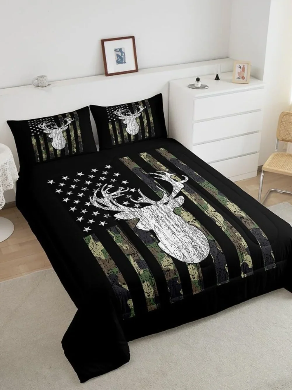 American Flag Comforter Set,Deer Hunting Down Comforter King,Army Green Military